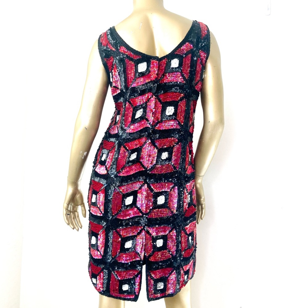 GORGEOUS 100% PURE SILK COLOR-BLOCK MOD/DECO VINTAGE SEQUIN SLEEVELESS DRESS L - Picture 3 of 10